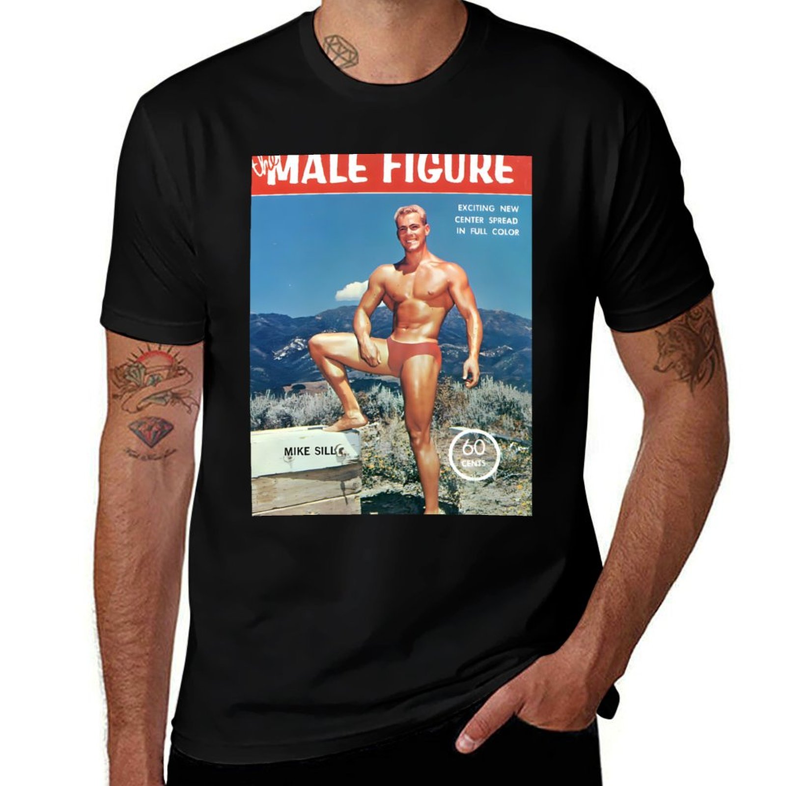 Vintage Fashion Magazine - เสื้อยืดลายหน้าปกนิตยสารรูปชายร่างกายกล้ามเนื้อแบบวินเทจ ไมค์ ซิล - แฟชั่นฤดูร้อน เสื้อยืดลำลอง