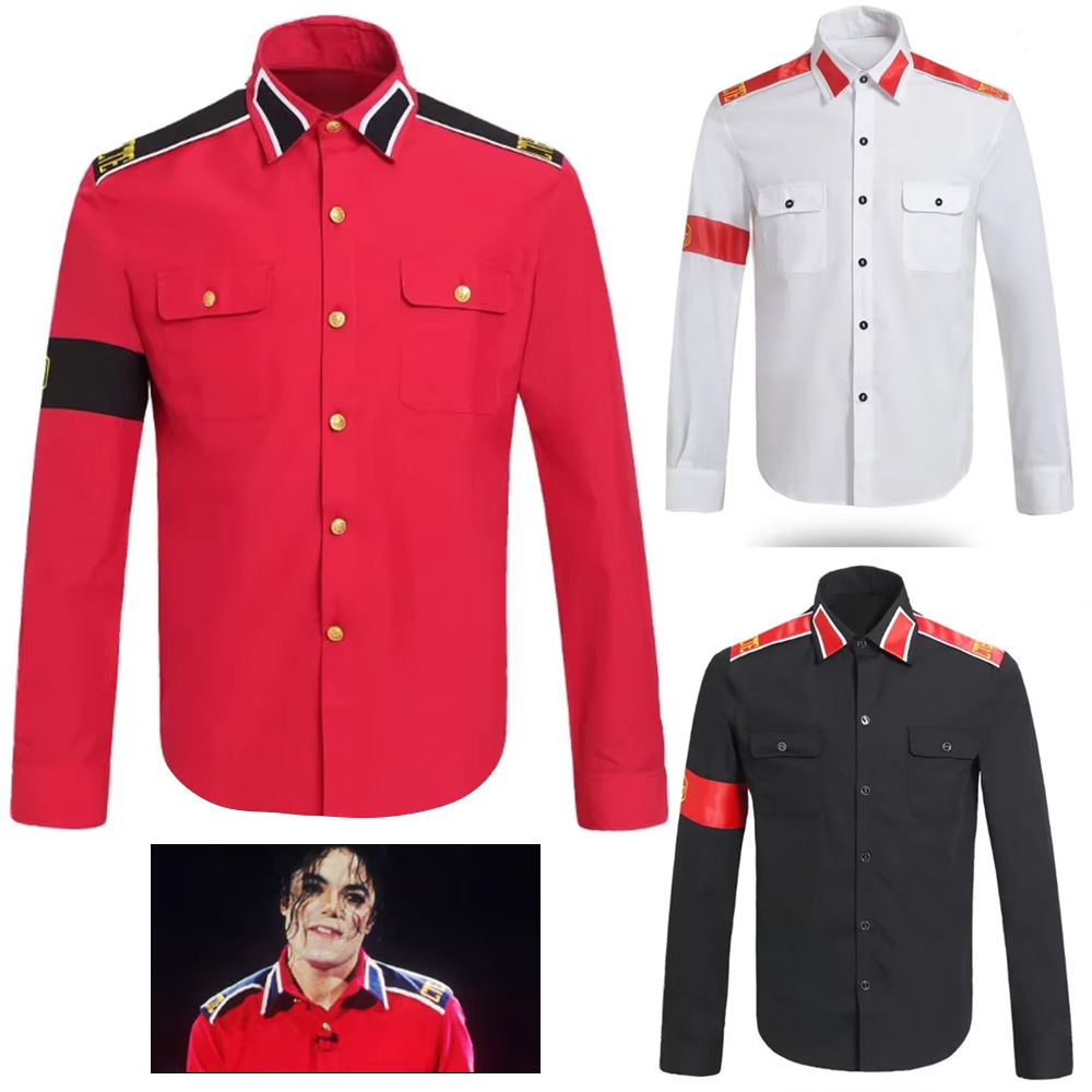 Vintage Victorian Fashion - เสื้อเชิ้ตทหารต่อต้านสงครามของไมเคิล แจ็คสัน เสื้อเชิ้ตวินเทจติดกระดุมสำหรับผู้ชาย พร้อมอีโบเล็ต ชุดคอสเพลย์ไอคอนิกของนักร้องป๊อป