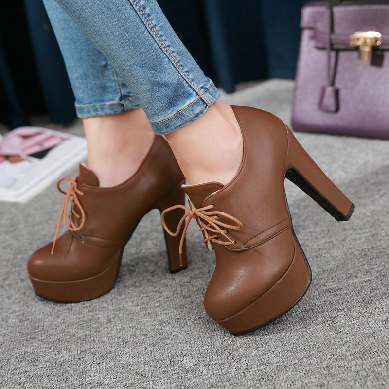 Vintage Fashion Heels - รองเท้าเดอร์บี้แบบผูกเชือก ส้นหนา ส้นสูง สีน้ำตาล ดำ เทา