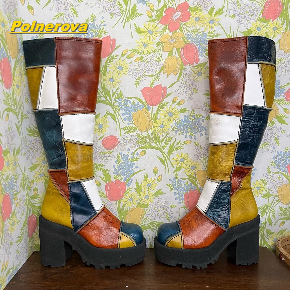 Vintage Style Women Fashion - รองเท้าบูทหนังทรงสูงถึงเข่าสไตล์เรโทรสำหรับผู้หญิง ตกแต่งด้วยผ้าปะติดหลากสี พื้นหนา ส้นหนา สไตล์วินเทจ Y2K