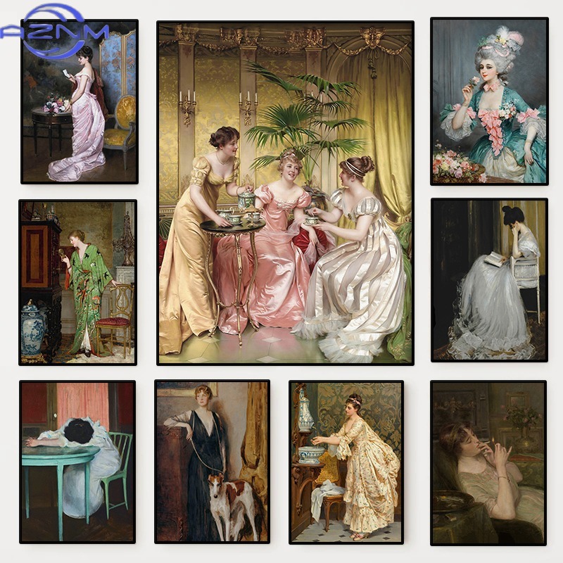 Vintage Victorian Fashion - โปสเตอร์ภาพเหมือนผู้หญิงยุคเรอเนซองส์ ภาพวาดบนผ้าใบสไตล์วิคตอเรียน ภาพศิลปะติดผนังสำหรับตกแต่งบ้าน ห้องนั่งเล่น