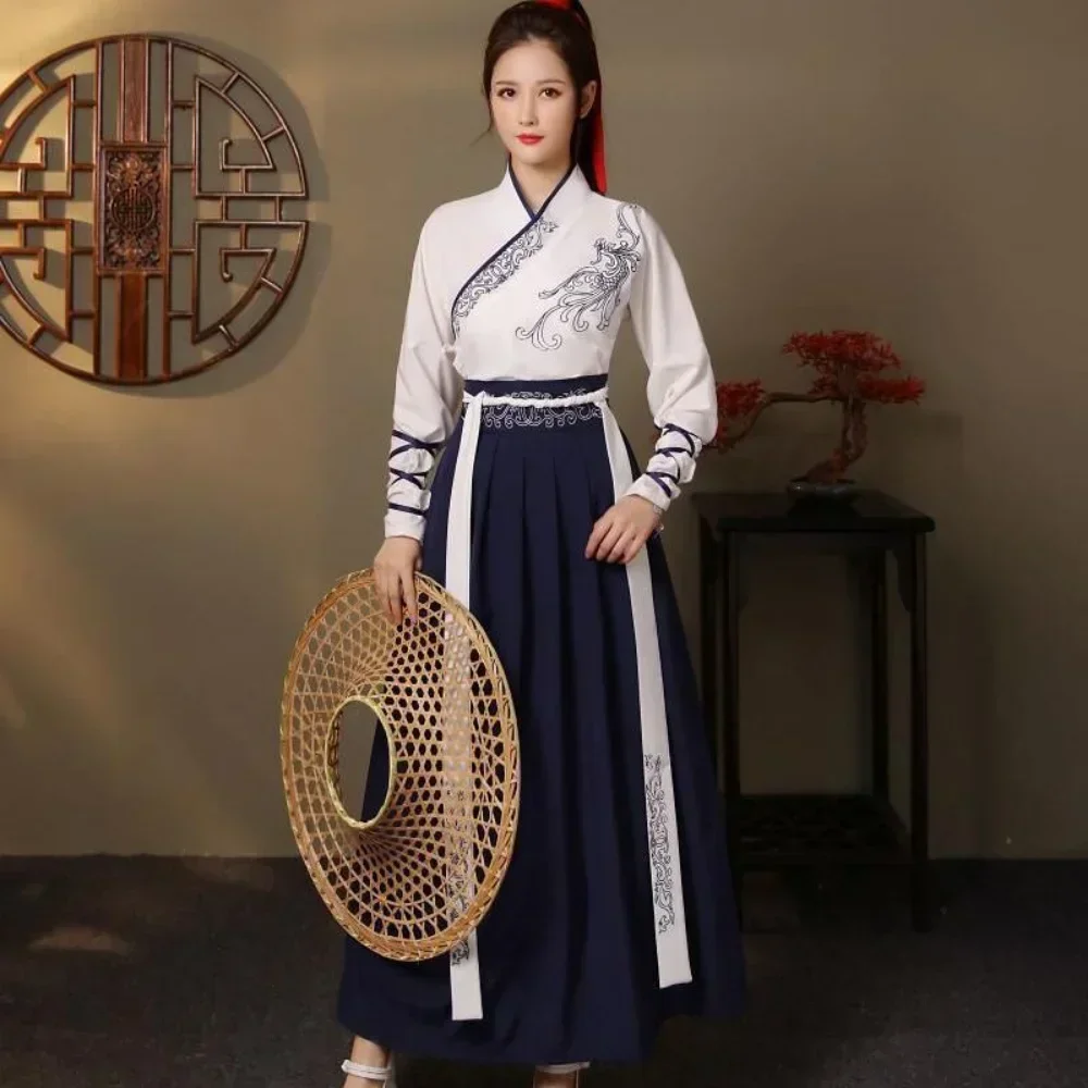 Vintage Style Women Fashion - ชุดฮันฝูสมัยใหม่สำหรับผู้หญิง เสื้อและกระโปรง 2 ชิ้น ชุดคอสเพลย์แฟชั่นวินเทจสำหรับผู้ชาย เสื้อผ้าจีนโบราณ
