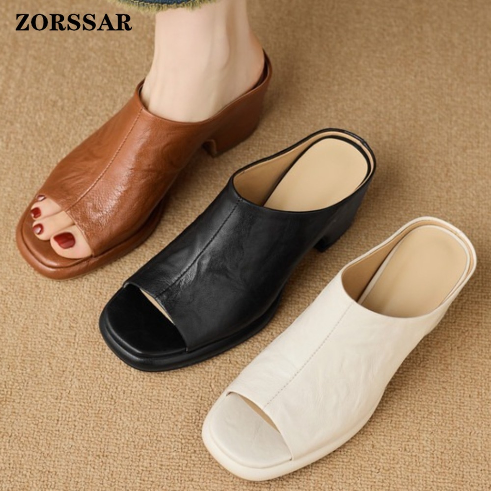 Vintage Fashion Heels - รองเท้าส้นตึกแบบสวมเปิดส้นสำหรับผู้หญิง สไตล์วินเทจ หนังแท้ ใส่สบาย เหมาะสำหรับใส่ในชีวิตประจำวันช่วงฤดูร้อน