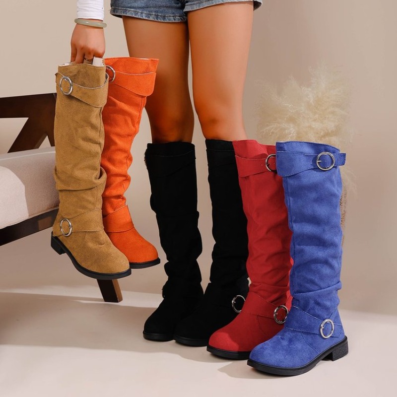 Vintage Fashion Heels - รองเท้าบูทสไตล์ตะวันตกแบบวินเทจ ความสูงระดับเข่า ส้นเตี้ยใส่สบาย ดีไซน์ข้อบูทย่นแบบคาวบอย