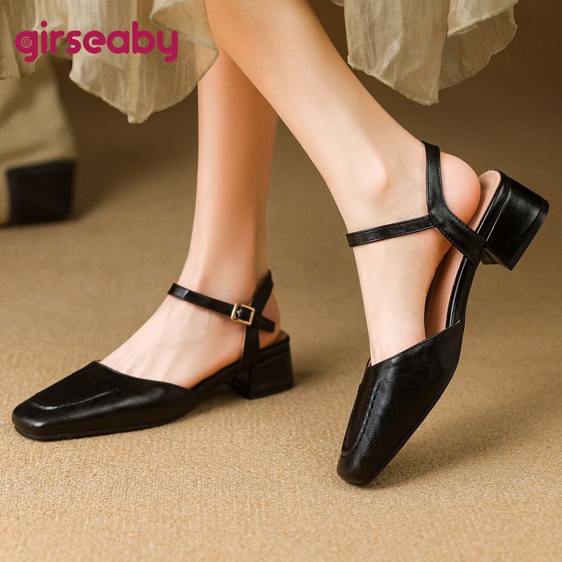 Vintage Fashion Heels - Girseaby 2025 รองเท้าแตะหญิงสแควร์Toeส้นหนา 3.5 ซม.สายคล้องคอVINTAGEทุกวันฤดูร้อนรองเท้าขนาด 41