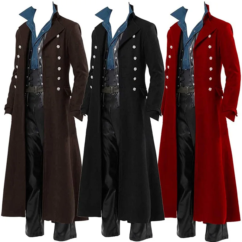 Vintage Victorian Fashion - ชุดคอสเพลย์โจรสลัดยุคกลางสำหรับผู้ชาย สไตล์สตีมพังก์ เสื้อโค้ทเทรนช์วินเทจ แจ็คเก็ตทักซิโด้แบบกอธิค เสื้อโค้ทแจ็คเก็ตสำหรับงานคาร์นิวัลสไตล์วิคตอเรียน