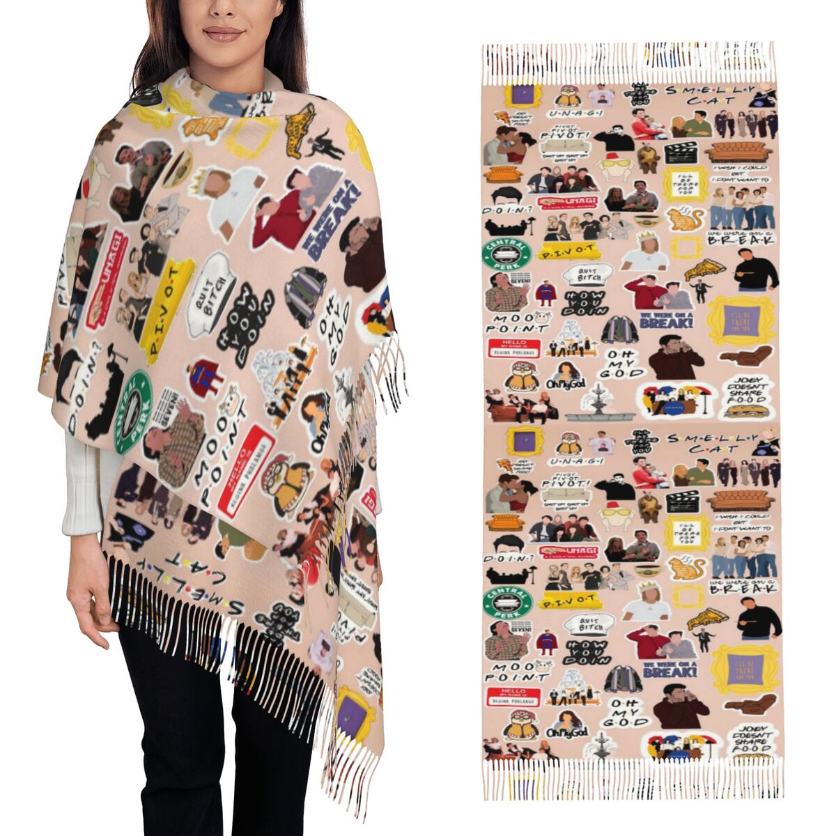 Vintage Fashion Collage - ผ้าพันคอวินเทจลายคอลลาจจากซีรีส์ Friends พร้อมพู่ห้อย ผ้าคลุมไหล่ผู้หญิงเนื้อนุ่ม อุ่นสบาย ผ้าคลุมไหล่และผ้าพันคอยาวสำหรับฤดูใบไม้ร่วงและฤดูหนาว