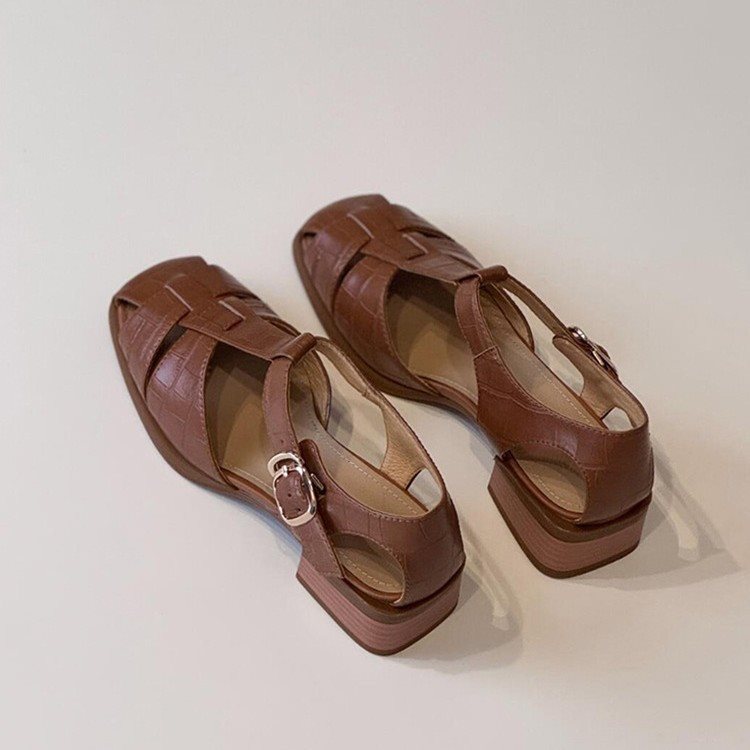 Vintage Fashion Heels - รองเท้าแตะสตรีฤดูร้อนแฟชั่นใหม่สานวินเทจระบายอากาศรองเท้าโรมันน้ำหนักเบาสบายสายรัดหัวเข็มขัดรองเท้าลำลอง
