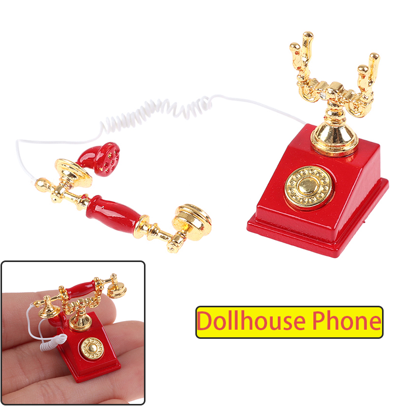 Vintage Fashion Houses - โทรศัพท์วินเทจขนาด 1:12 สำหรับบ้านตุ๊กตา โทรศัพท์โบราณแบบมีสาย ของตกแต่งบ้านตุ๊กตา