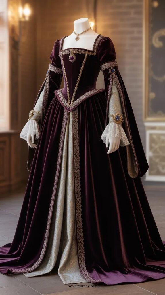 Vintage Victorian Fashion - ชุดราตรีวินเทจสีม่วงแบบดัชเชสสำหรับงานพรอม ชุดแฟนซีงานเต้นรำ แขนยาว สไตล์วิคตอเรียนเรเนซองส์ ชุดเย็นปักลาย รับตัดตามสั่ง