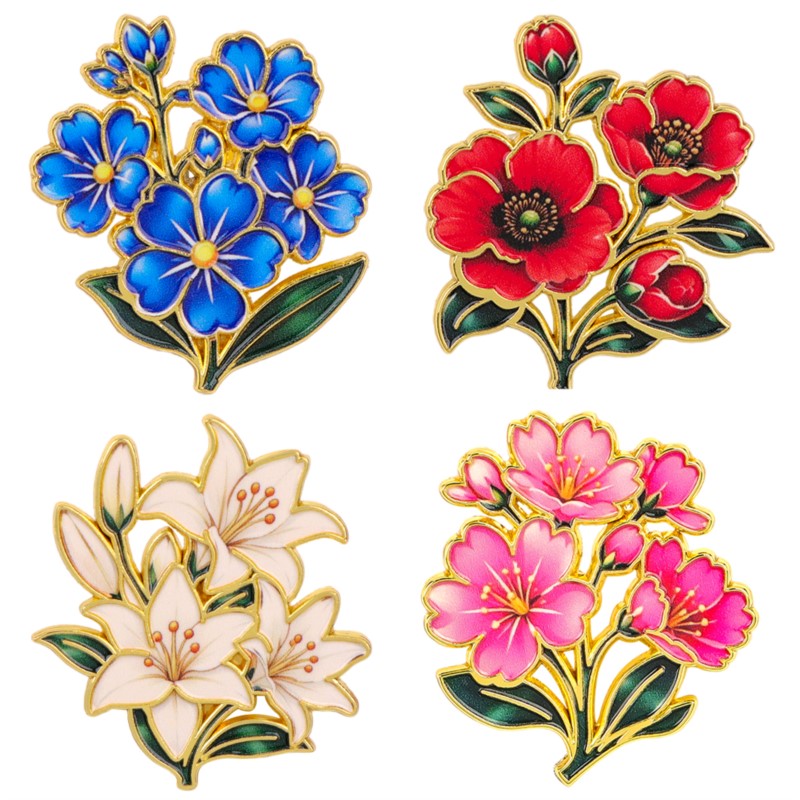 Vintage Victorian Fashion - เข็มกลัดเคลือบสีสันสดใสลายดอกไม้สไตล์วินเทจน่ารัก ลายดอกลิลลี่ เชอร์รี่ ดอกป๊อปปี้ ใบไม้สีฟ้า เหมาะสำหรับติดกระเป๋าเป้