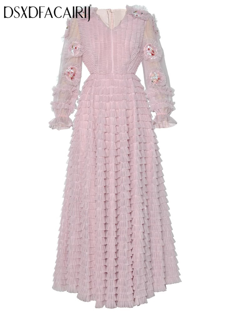 Vintage Fashion Collection - DSXDFACAIRIJ ผู้หญิงเย็บปักถักร้อยตาข่าย V คอโคมไฟ Vintage Ball