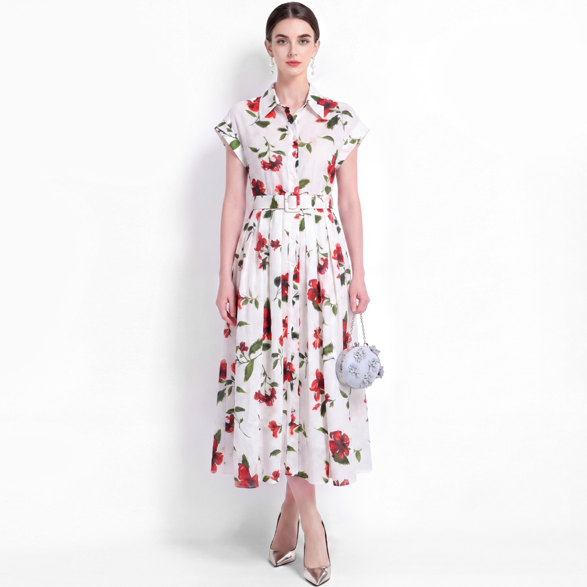 Vintage Fashion Collection - เดรสเชิ้ตลายดอกไม้สุดเก๋ แขนสั้น ติดกระดุม คาดเข็มขัด ทรงเอไลน์ สไตล์วินเทจ