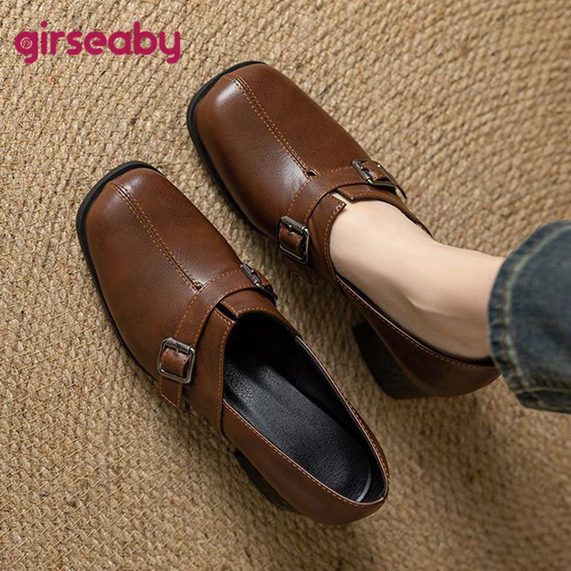 Vintage Fashion Heels - Girseaby Vintage ผู้หญิงปั๊มสแควร์ Toe รองเท้าส้นสูง Slip